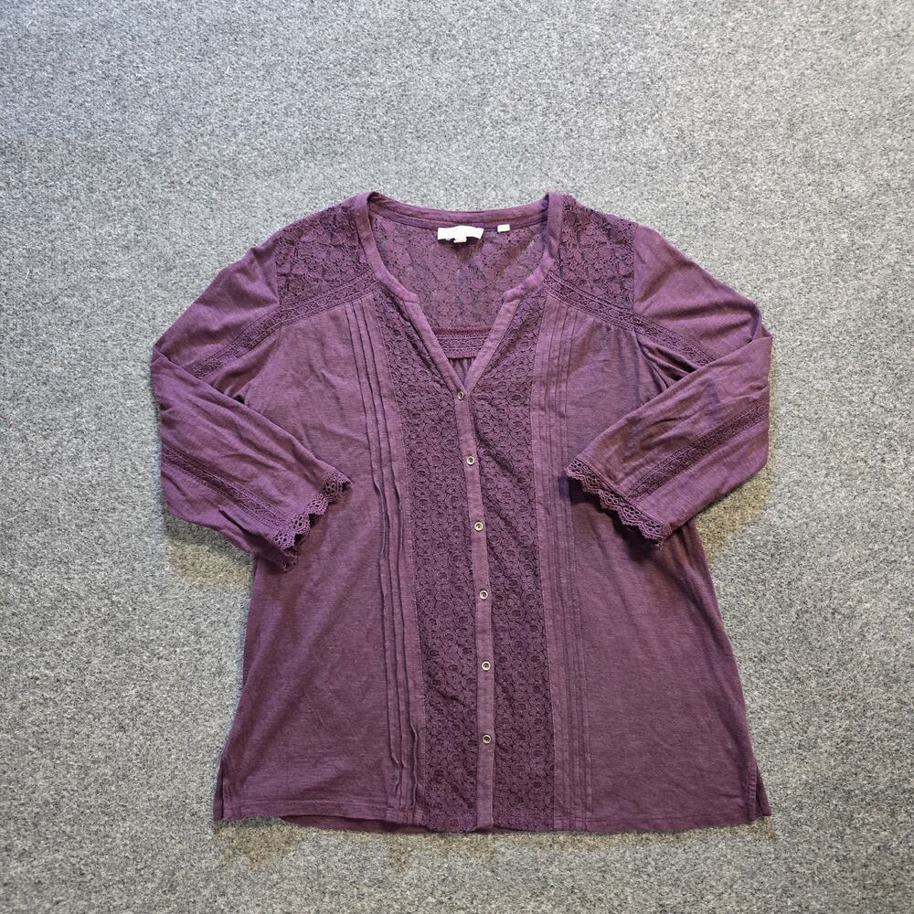 Fat Face Top Womens Size 8 Purple 3/4 Sleeve V Neck Button Lace Panels Casual